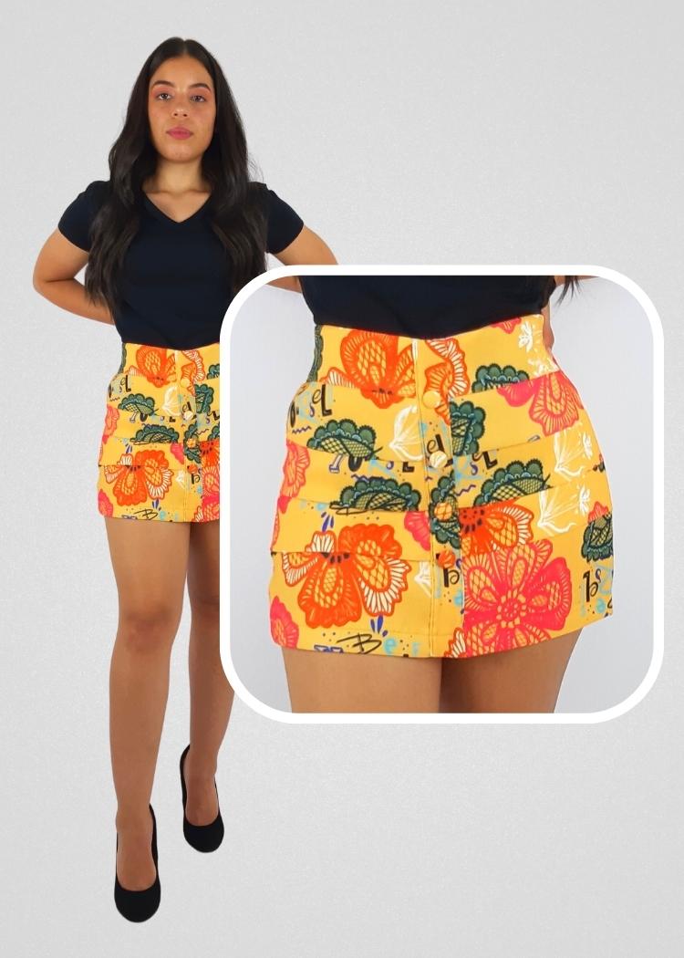 Short-Saia Amarelo Com Estampa, 49% OFF